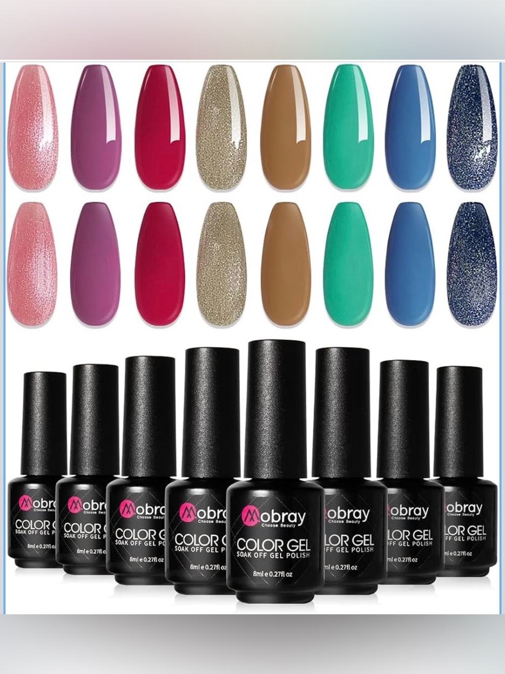 NWT- Mobray UV/LED 8 Color Nail Gel Kit + 10 Pc Nail Removal Clip Set